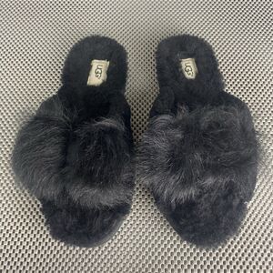 UGG Mirabelle Fluff Slide Slippers Womens 10 Black Front Bow Leather Sheepskin